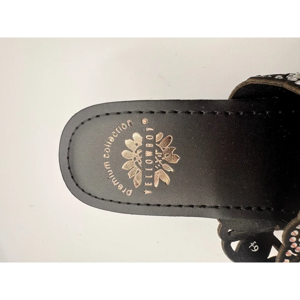 Yellow Box Premium P-Warlow Black Leather Jeweled Rhinestone Slide Sandals 6.5 M - Picture 4 of 6